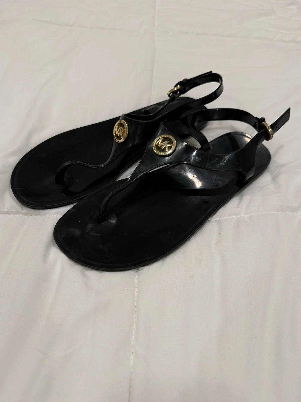 Michael Kors Black Jelly Sandals with Gold MK Medallions Size 10